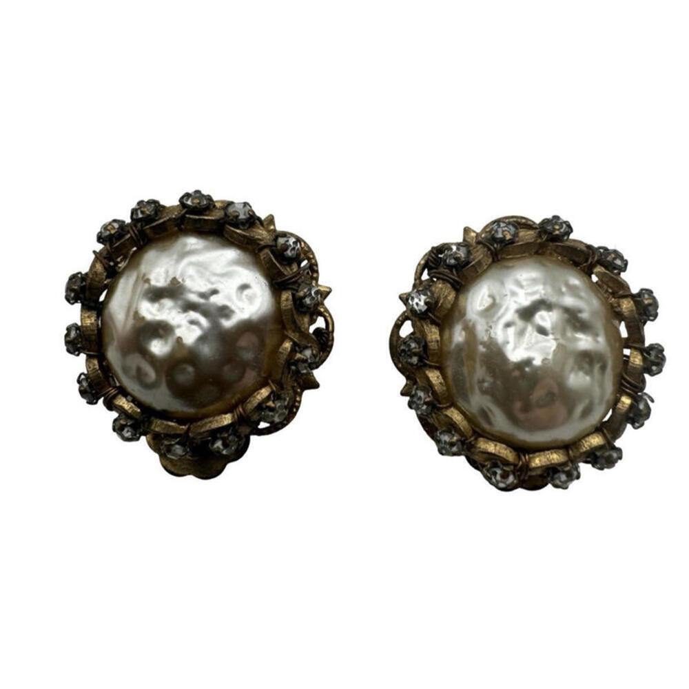 Miriam Haskell Vintage Signed Earrings Faux Pearl Rhinestone Gold Tone